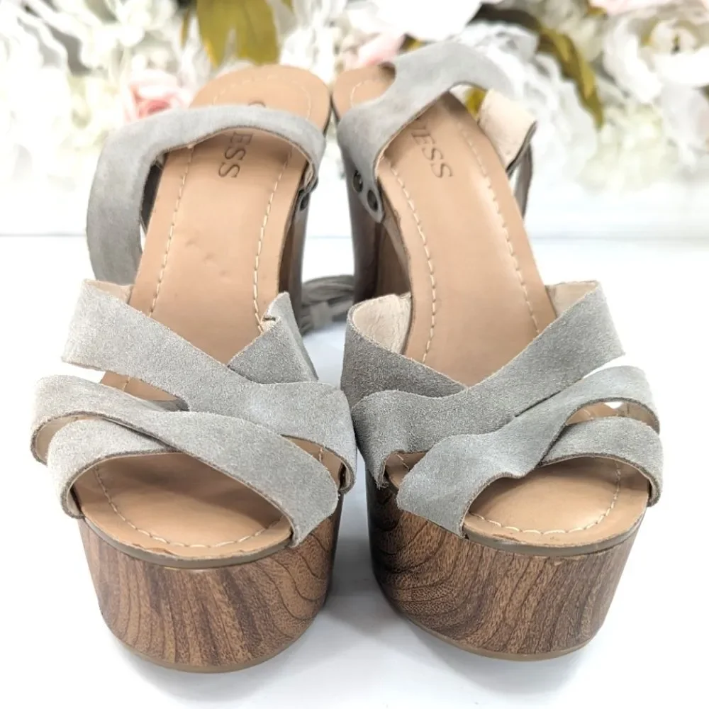 Guess Prenna Suede Leather Tassel Wooden Chunky Platform Sandals Heels Size 9.5